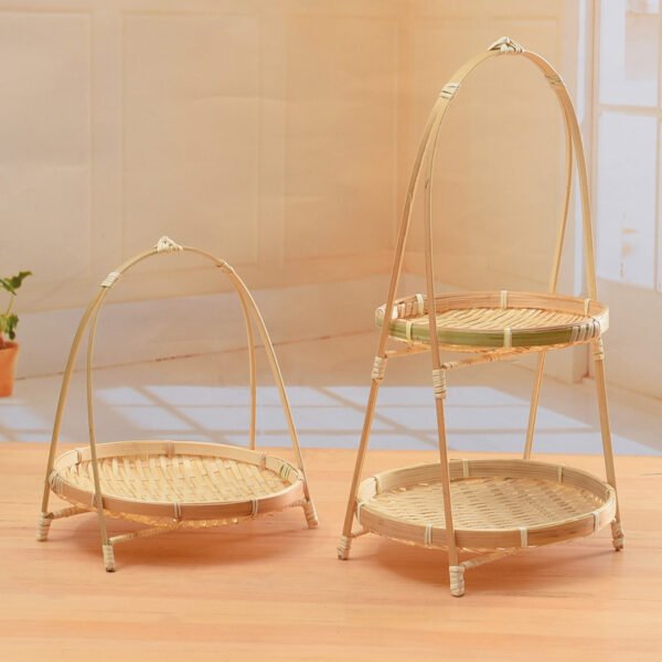 Round Handle Bamboo Woven Small Basket for Tea Snacks and Fruits, Pastry Tray, Creative Small Bamboo Basket, Multi-layer Bamboo Woven Basket