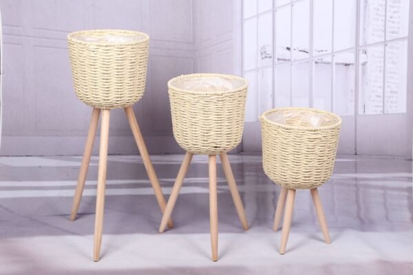 Innovative Woven Straw Floor Flower Stand - Country Style for Living Room & Balcony