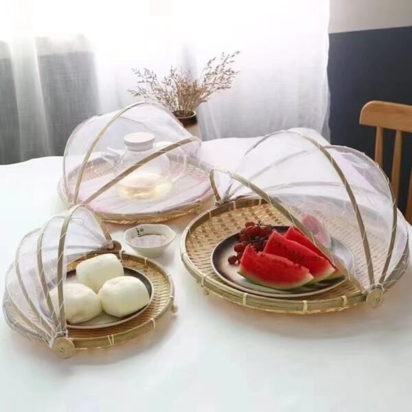 Mesh - covered Bamboo Basket for Fly and Insect Prevention, Bamboo Woven Product for Household Use, Food Drying Basket, Gauze - netted Bamboo Basket, Steamed Bun Winnowing Basket.