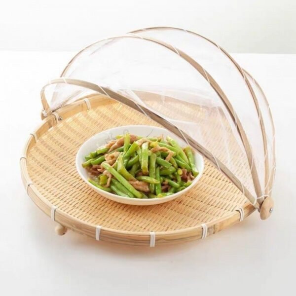 Bamboo Winnowing Basket with Mesh Cover, Bamboo Basket for Fly Prevention, Insect-proof Product for Household Use, Food Drying Basket, Gauze-netted Bamboo Basket, Round Steamed Bun Basket.