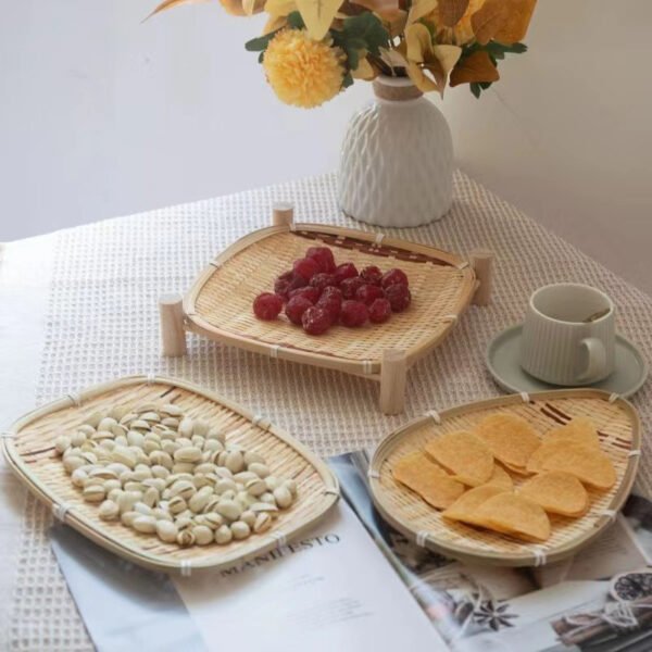 Natural bamboo woven plate. Hotel coffee table snack, dim sum, melon seeds, candy bamboo basket. Bamboo dustpan. Bamboo sieve. Dried fruit tray.