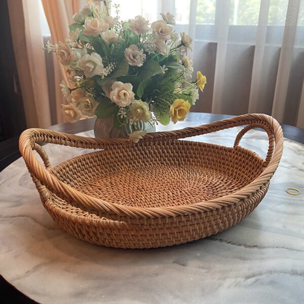 Rattan woven fruit plate. Handmade woven fruit basket. Storage plate for snacks, candies and dried fruits in living room. Storage basket for small items.