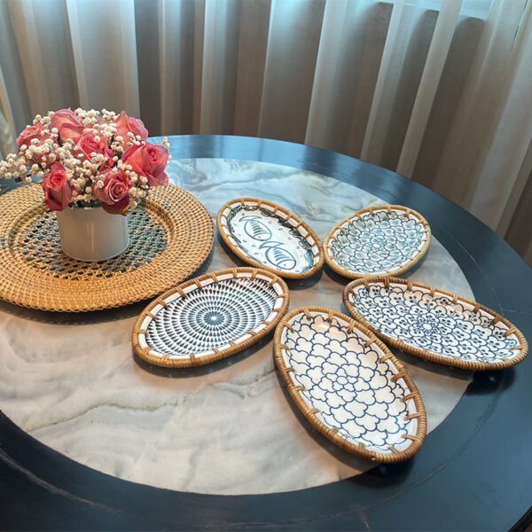 Rattan-edged ceramic snack dish. Japanese-style snack basket. Handmade woven and spliced ceramic pastry plate. - Image 4