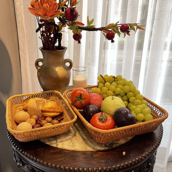 Handmade woven basket. Square plate with hollowed-out edges. Pastry storage basket. Rattan fruit basket. Woven fruit plate.