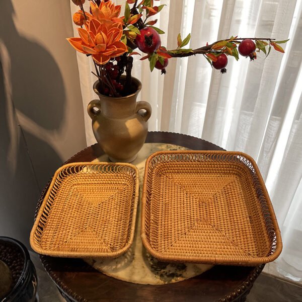 Handmade woven basket. Square plate with hollowed-out edges. Pastry storage basket. Rattan fruit basket. Woven fruit plate. - Image 4