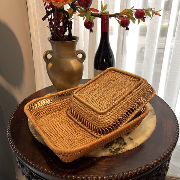 Handmade woven basket. Square plate with hollowed-out edges. Pastry storage basket. Rattan fruit basket. Woven fruit plate. - Image 5