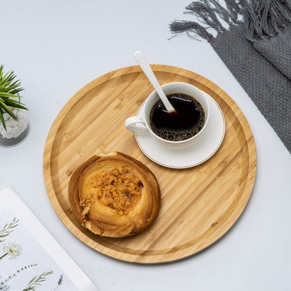 All-bamboo round and rectangular trays. Breakfast plates for home. Side-pressed bamboo dessert plates. Fruit trays. Tea trays.