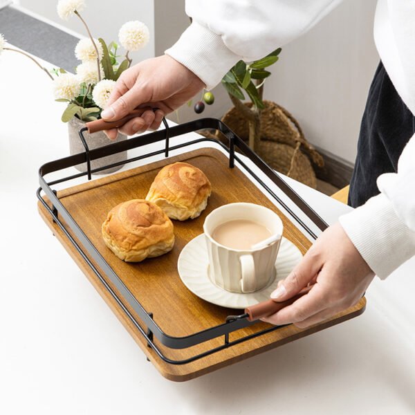 Bamboo and wood tray with metal handle. For home use. Rectangular, simple. Bread and fruit tray. Hotel tea tray. Barbecue tray.