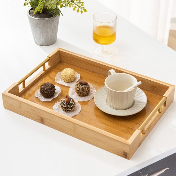 Simple rectangular bamboo and wood tray. For home use. Bread and fruit tray. Metal handle. Hotel tea tray. Double-ear tray.