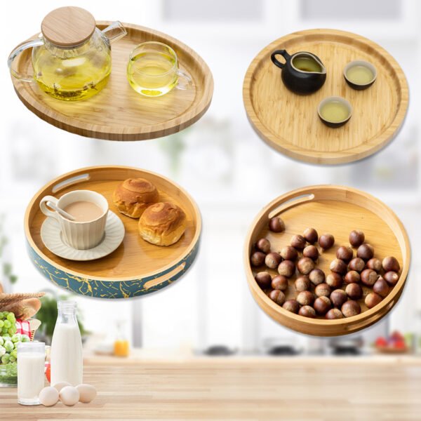 Various round bamboo and wood trays. Simple pattern. For home use. Bread and tea water trays. Hotel storage tea trays. Snack trays.